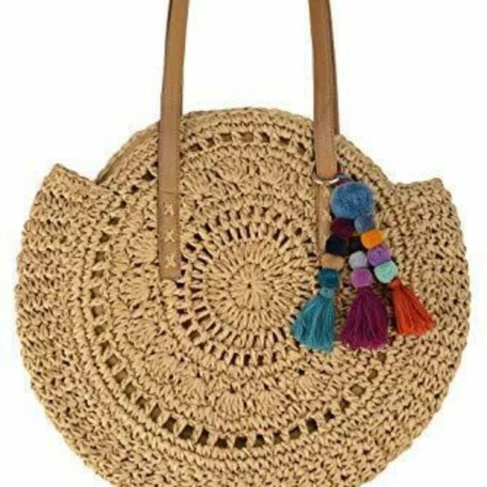 Straw Tote, Beach Bag. Colorful Pompom Triple Tassel. NWT. - Picture 2 of 4
